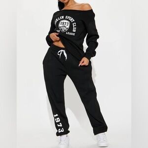 Fashion Nova Black Off-Shoulder Jogger Set NY Sport Club medium